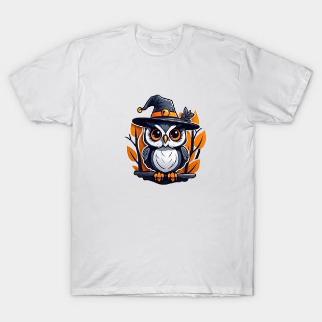 An owl wearing a witches hat sitting on a branch T-Shirt by CreativeXpro